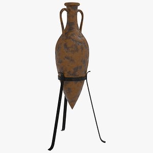 Antiqued Greek Terracotta Amphora on Metal Stand 3D model