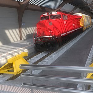 Red Locomotive and Wagon at Track End 3D model