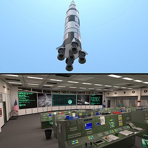 3D Apollo Mission Control Room Houston Nasa texas and Saturn Rocket