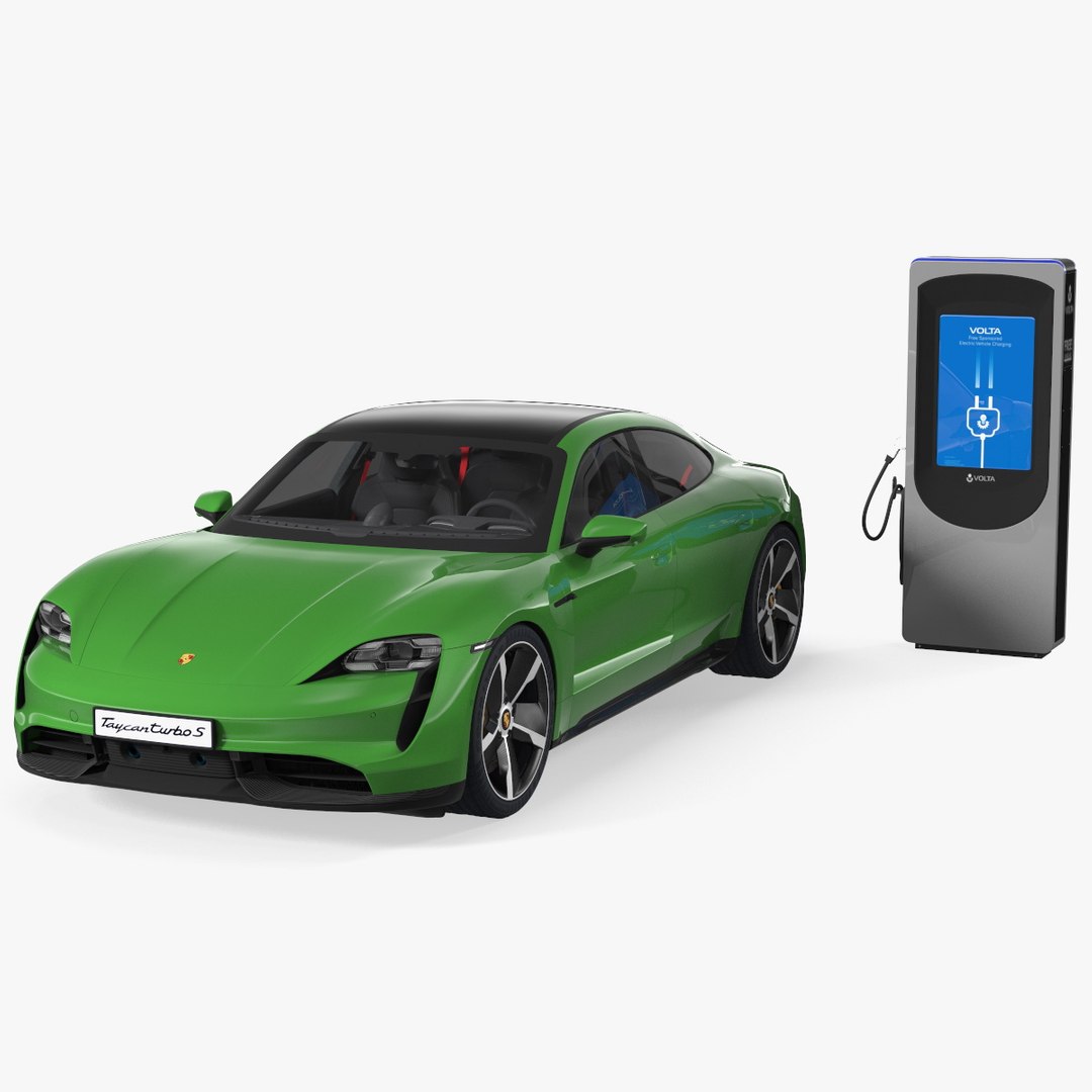 Electric Car Charging Station and Porsche Taycan Turbo S 2020 Rigged 3D model preview