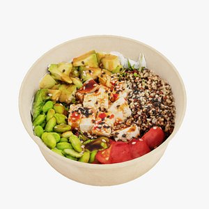 Poke bowl lunch with eggs cheese avocado tomatoes