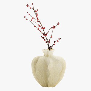 A bouquet of dried branches with red Ilex holly berries in a vase