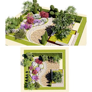 3D Urban Garden 3D Model with Flowering Trees