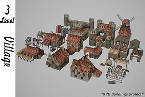 3D medieval village buildings model