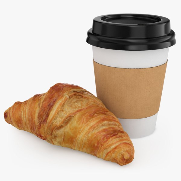 Paper Coffee Cup with Black Lid and Croissant 3D model