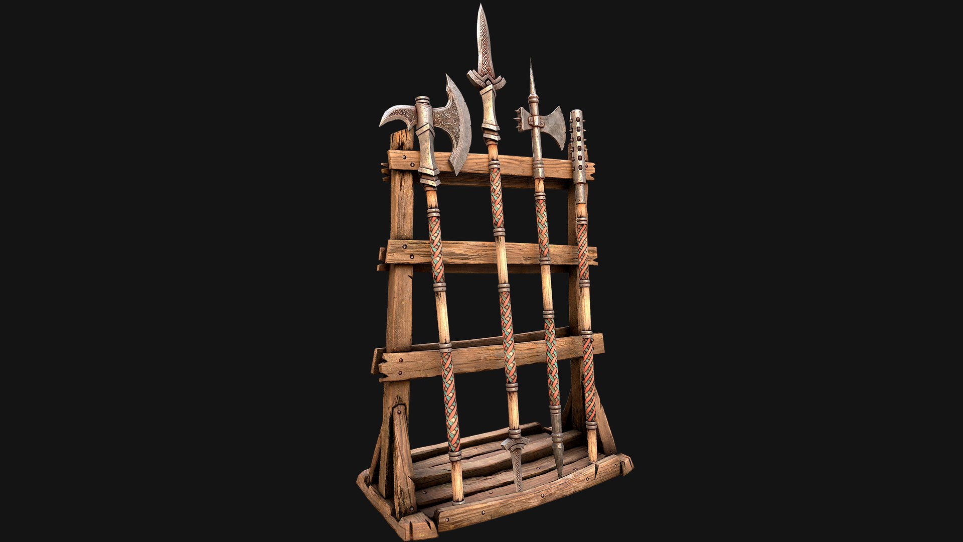 3D Medieval Weapon Rack Polearm Spear Axe Halberd Mace Set model https://p.turbosquid.com/ts-thumb/bB/h6nTYD/AH/rackpolearmseti14/png/1773306555/1920x1080/fit_q87/12fd80088f7c04d01fa34b85e249bd912c22a592/rackpolearmseti14.jpg