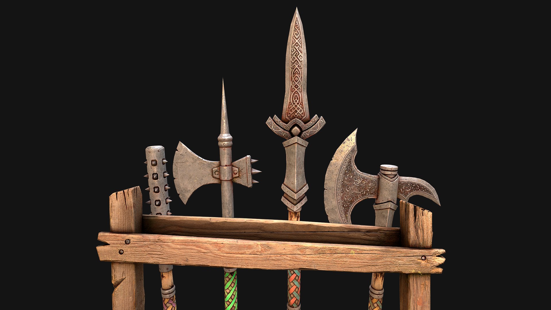 3D Medieval Weapon Rack Polearm Spear Axe Halberd Mace Set model https://p.turbosquid.com/ts-thumb/bB/h6nTYD/Ba/rackpolearmseti38/png/1773306567/1920x1080/fit_q87/857ee6a15331946bc7d41a1c104157c8645c6330/rackpolearmseti38.jpg