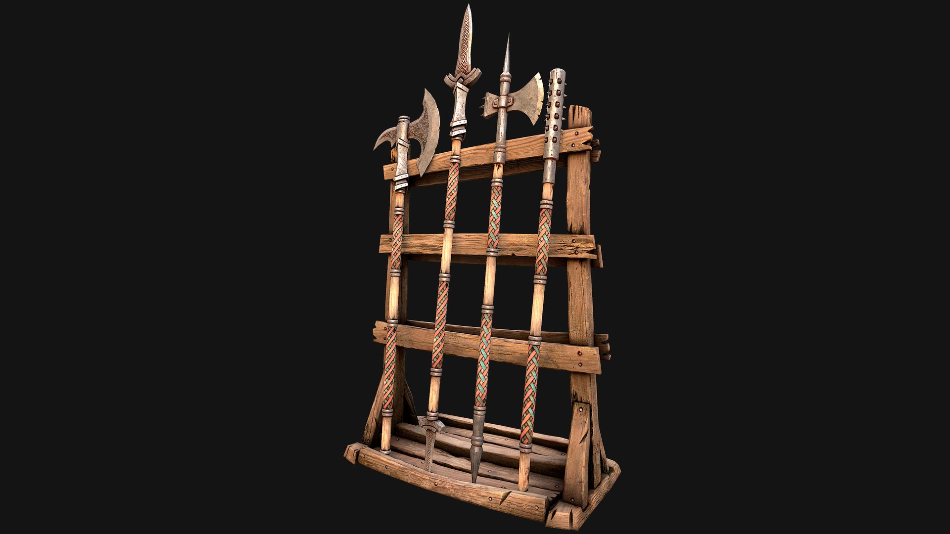 3D Medieval Weapon Rack Polearm Spear Axe Halberd Mace Set model https://p.turbosquid.com/ts-thumb/bB/h6nTYD/Cz/rackpolearmseti19/png/1773306557/1920x1080/fit_q87/51928c3006aecde610c059d3eafe0dd2e79e6029/rackpolearmseti19.jpg