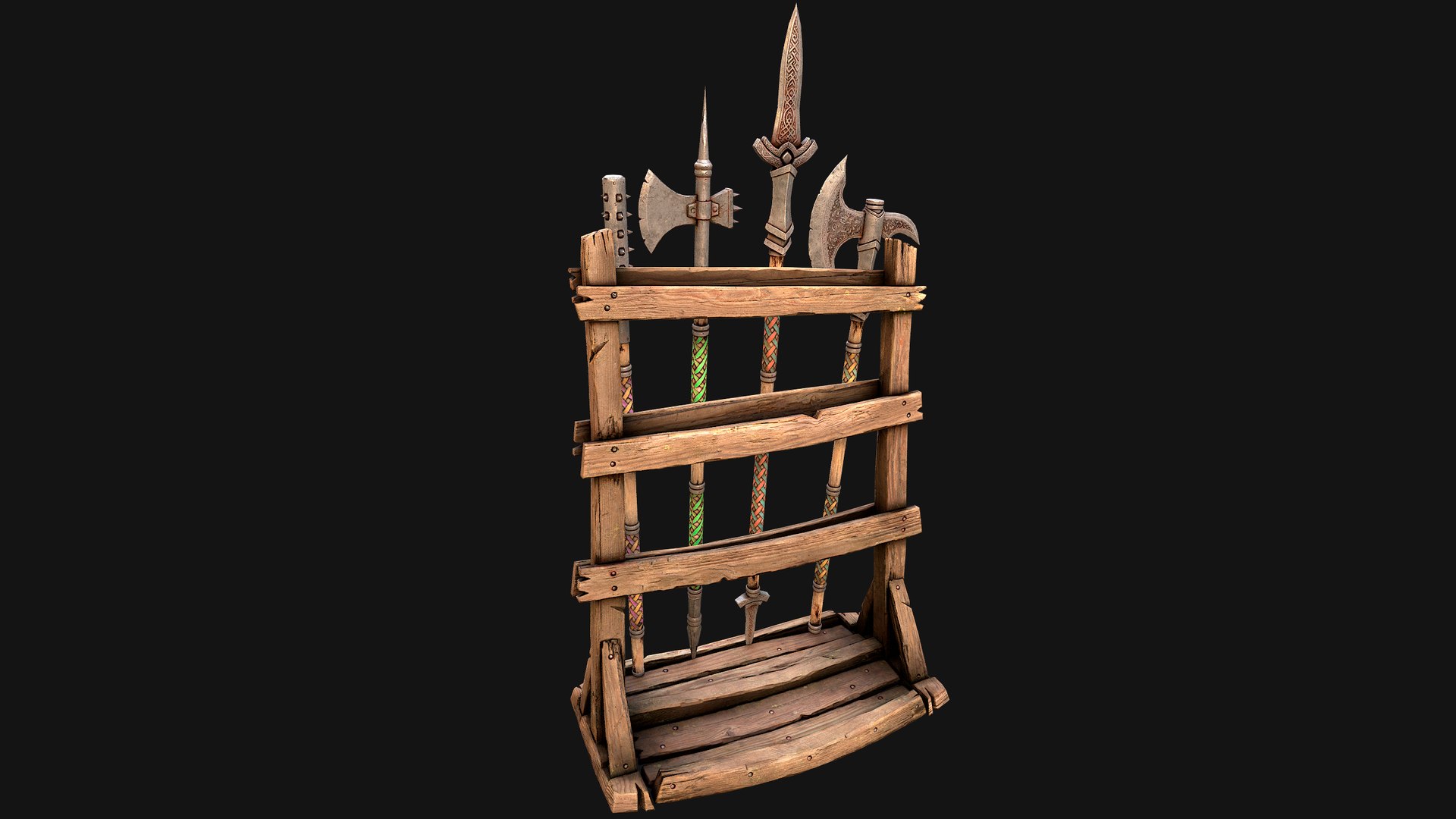 3D Medieval Weapon Rack Polearm Spear Axe Halberd Mace Set model https://p.turbosquid.com/ts-thumb/bB/h6nTYD/Fa/rackpolearmseti27/png/1773306561/1920x1080/fit_q87/a5686a19b783c151cf001a42caf994bbed505ee3/rackpolearmseti27.jpg