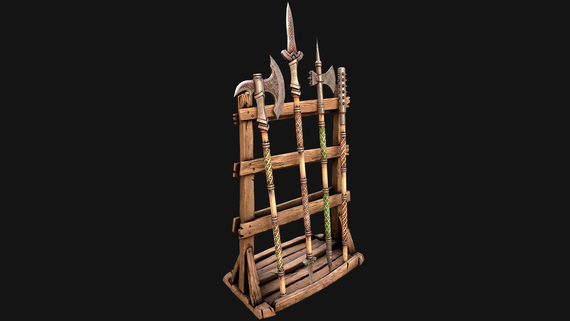 3D Medieval Weapon Rack Polearm Spear Axe Halberd Mace Set model https://p.turbosquid.com/ts-thumb/bB/h6nTYD/N6/rackpolearmseti35/png/1773306566/1920x1080/fit_q87/6bd1b929b206f9ad8f10d56b5b1b516509584477/rackpolearmseti35.jpg
