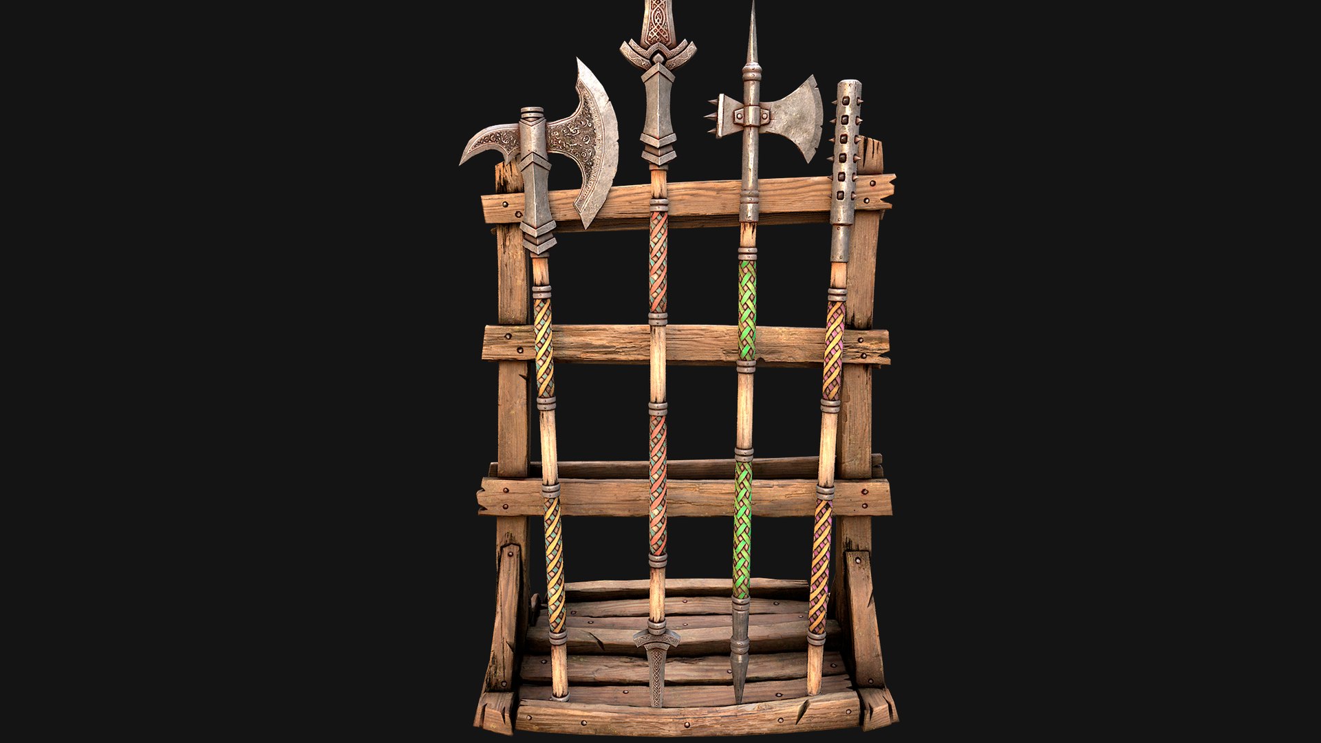 3D Medieval Weapon Rack Polearm Spear Axe Halberd Mace Set model https://p.turbosquid.com/ts-thumb/bB/h6nTYD/cr/rackpolearmseti1/png/1773306542/1920x1080/fit_q87/c3fdfdc4475cbc9bfce4e00a2d4b24e48ae9483b/rackpolearmseti1.jpg