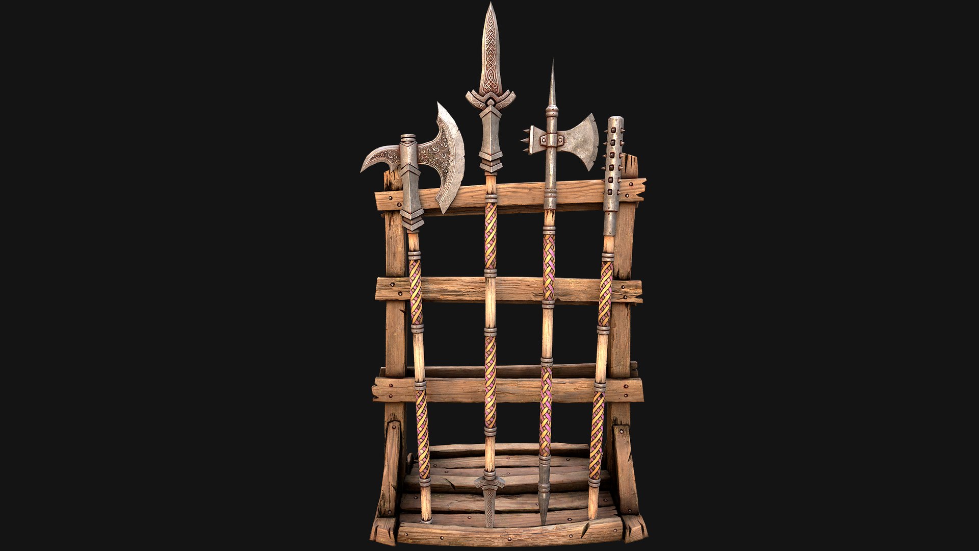 3D Medieval Weapon Rack Polearm Spear Axe Halberd Mace Set model https://p.turbosquid.com/ts-thumb/bB/h6nTYD/lk/rackpolearmseti7/png/1773306551/1920x1080/fit_q87/26e7c2ddc022d807c9ae4bc98e07cc63a9ed8443/rackpolearmseti7.jpg