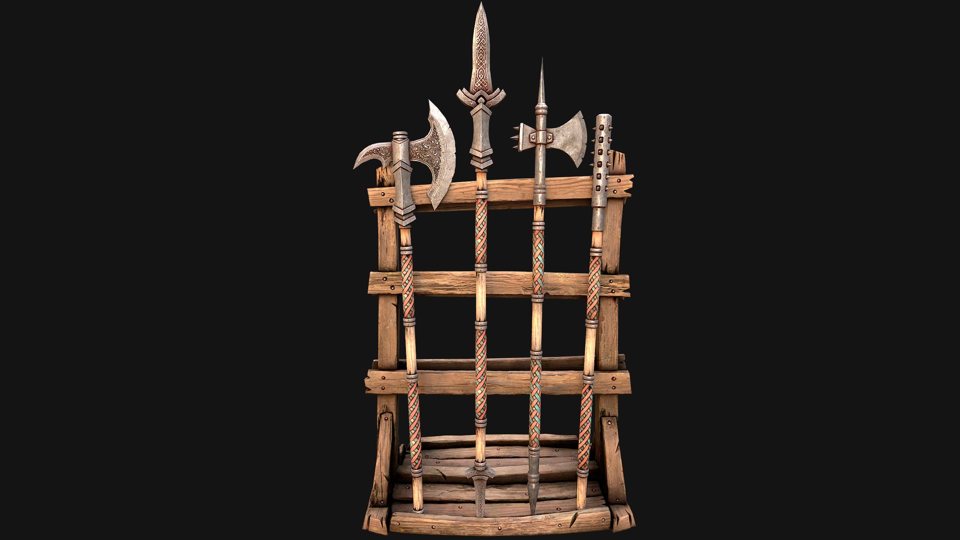 3D Medieval Weapon Rack Polearm Spear Axe Halberd Mace Set model https://p.turbosquid.com/ts-thumb/bB/h6nTYD/oN/rackpolearmseti9/png/1773306552/1920x1080/fit_q87/14c75bfe1c1886f1aa5c070233c52cf8b81e1ff9/rackpolearmseti9.jpg