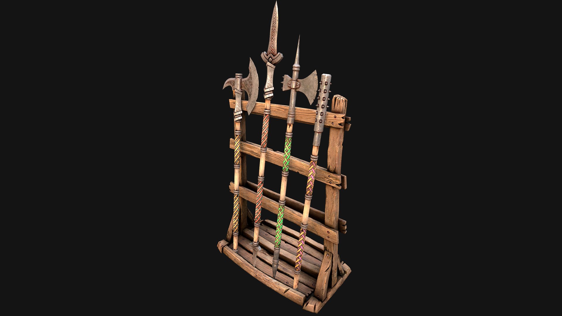 3D Medieval Weapon Rack Polearm Spear Axe Halberd Mace Set model https://p.turbosquid.com/ts-thumb/bB/h6nTYD/pY/rackpolearmseti20/png/1773306558/1920x1080/fit_q87/6afd5b26c4366ebed4bfad5d8506b5d4cd3bad7b/rackpolearmseti20.jpg