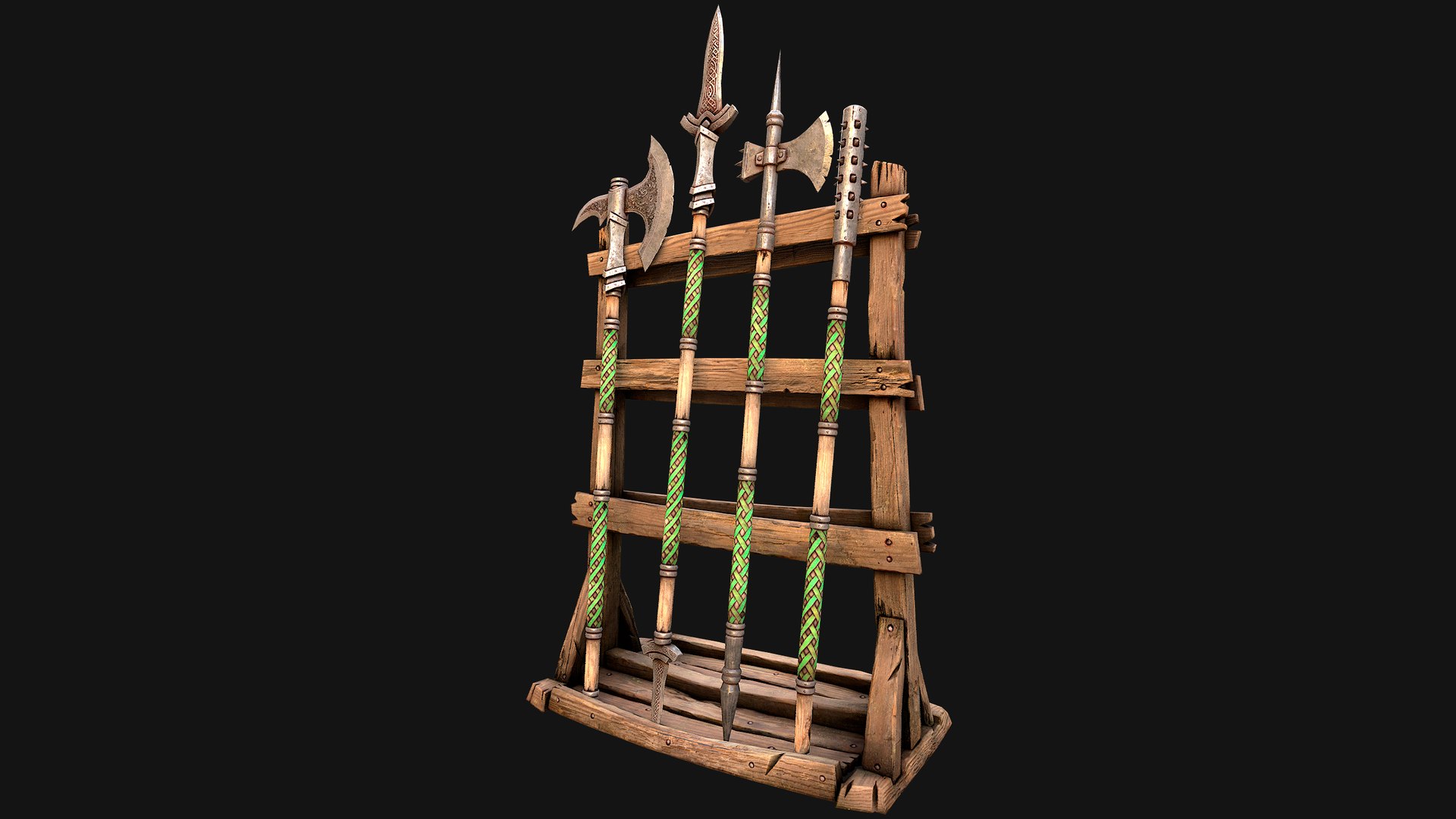 3D Medieval Weapon Rack Polearm Spear Axe Halberd Mace Set model https://p.turbosquid.com/ts-thumb/bB/h6nTYD/tC/rackpolearmseti18/png/1773306557/1920x1080/fit_q87/01b408fb3115cdb33ad919122a180b6e509b87cf/rackpolearmseti18.jpg