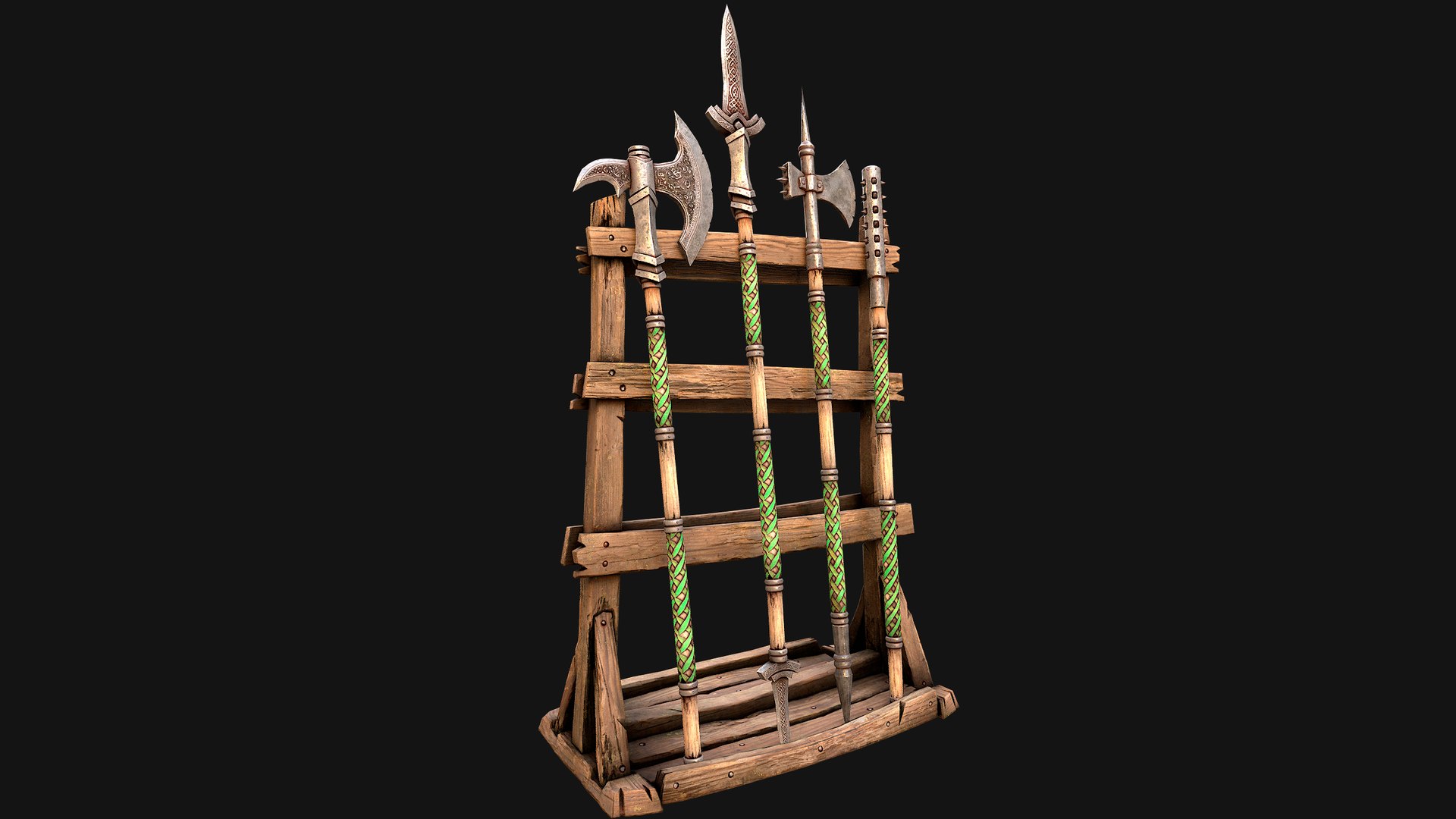 3D Medieval Weapon Rack Polearm Spear Axe Halberd Mace Set model https://p.turbosquid.com/ts-thumb/bB/h6nTYD/tZ/rackpolearmseti13/png/1773306554/1920x1080/fit_q87/120ed15fad86f0c67a860e0bd622917ef41a46d4/rackpolearmseti13.jpg