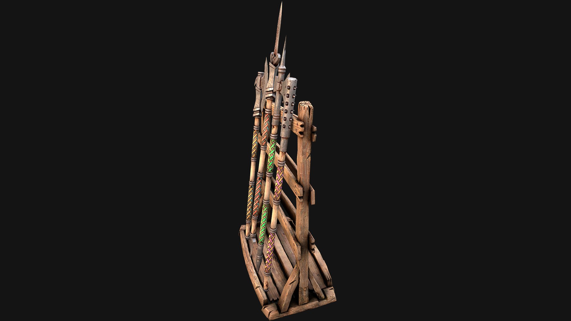 3D Medieval Weapon Rack Polearm Spear Axe Halberd Mace Set model https://p.turbosquid.com/ts-thumb/bB/h6nTYD/yq/rackpolearmseti22/png/1773306559/1920x1080/fit_q87/d60867a1a9be59148000846357bff4768b80f002/rackpolearmseti22.jpg