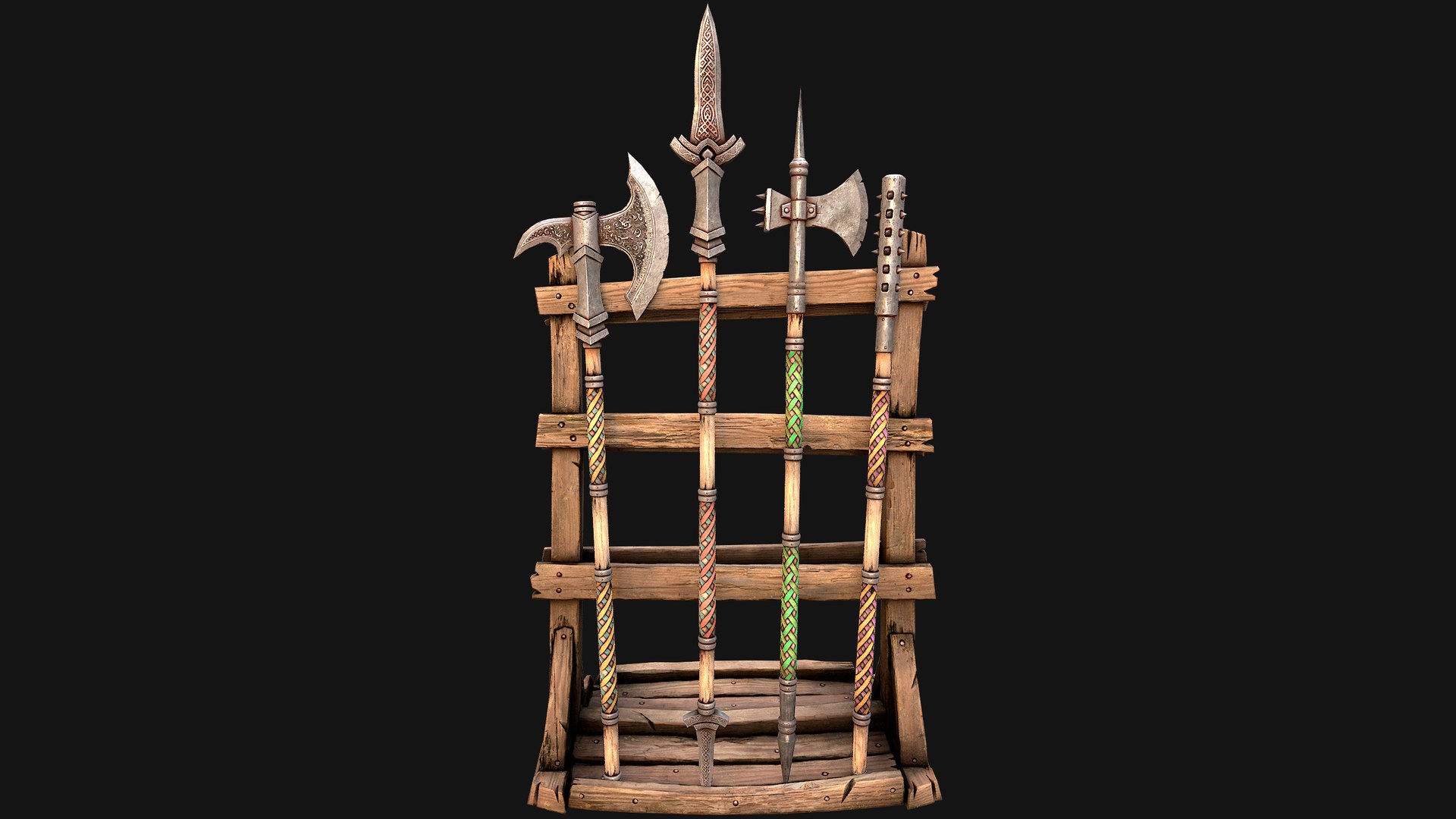 3D Medieval Weapon Rack Polearm Spear Axe Halberd Mace Set model https://p.turbosquid.com/ts-thumb/bB/h6nTYD/zC/rackpolearmseti5/png/1773306550/1920x1080/fit_q87/44e9d7fb7f193f3ffe719cc85c1d2256625b2964/rackpolearmseti5.jpg