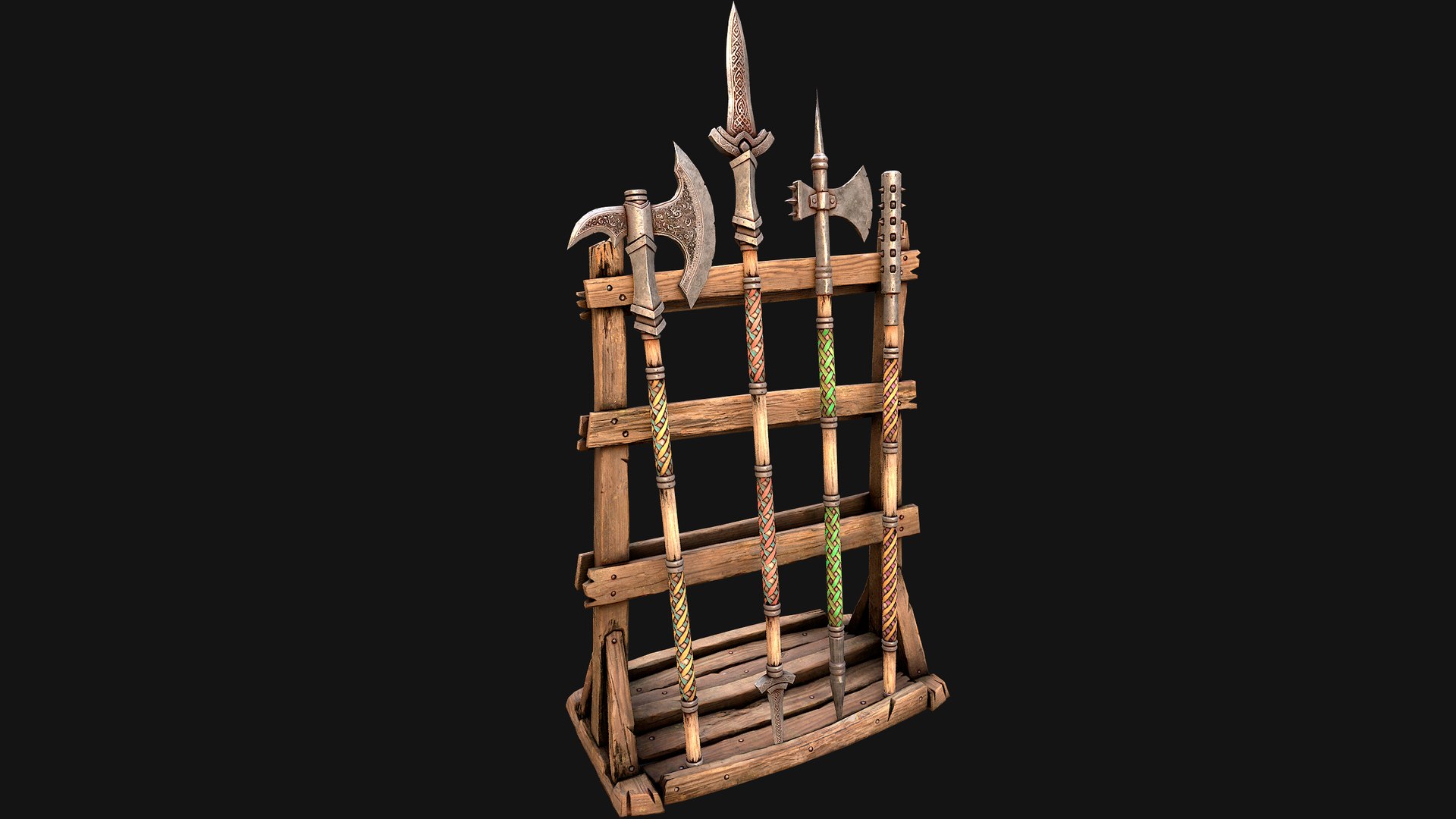 3D Medieval Weapon Rack Polearm Spear Axe Halberd Mace Set model https://p.turbosquid.com/ts-thumb/bB/h6nTYD/zl/rackpolearmseti36/png/1773306566/1920x1080/fit_q87/29a3167cda24108b96c79db05f11f6c7eecb83ea/rackpolearmseti36.jpg