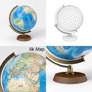 Earth Globe with Wooden Stand and Brass Elements - World Map