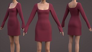 Square Neck Long Sleeve Bodycon Mini Dress 3D Clothing Model 3D model