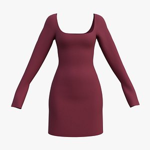 Square Neck Long Sleeve Bodycon Mini Dress 3D Clothing Model