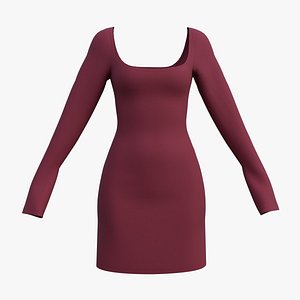 Square Neck Long Sleeve Bodycon Mini Dress 3D Clothing Model