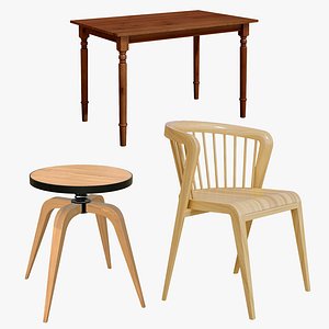 3D Wooden Chair Table With Stool