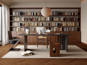 3D Modern Study Room Bookshelf Office