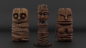 Rope-Wrapped Wooden Idols Pack 3 Ancient Carved Props
