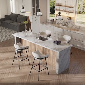 3D Modern Kitchen Island With Bar Stools Interior 3D Scene