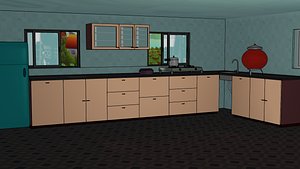 3D Kitchen Line Art Scene