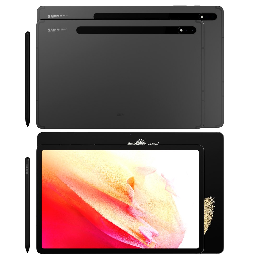 Samsung Galaxy Tab S8 and S8 Plus model https://p.turbosquid.com/ts-thumb/bL/Djnh50/rZ/5r/jpg/1648842288/1920x1080/fit_q87/0c305fea98a424a8d0a2495d8aa4b0c3e3a7bea3/5r.jpg