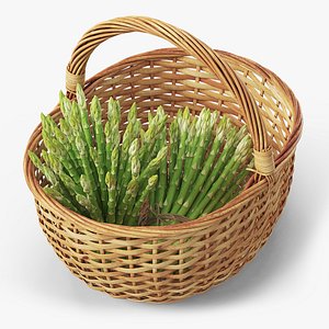 3D Fresh Green Asparagus in Wicker Basket