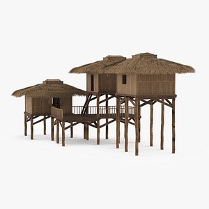 Bamboo Hut Complex on Stilts with Connecting Decks 3D model