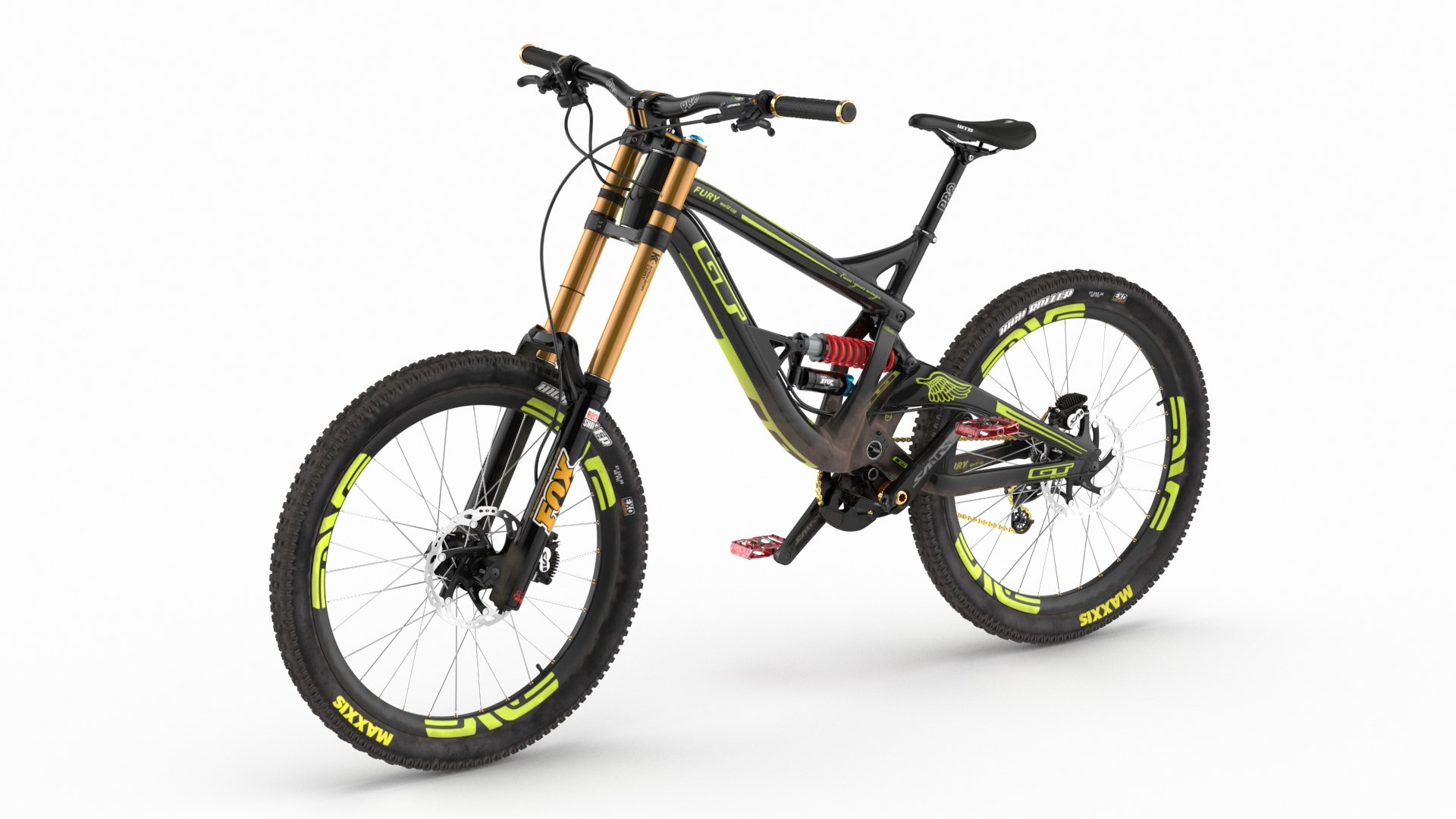 GT Fury Downhill Mountain Bike 3D model for vehicle visualization, games, animation, transport scenes, and automotive rendering