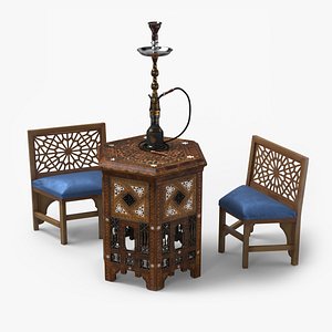 Traditional Hookah Table with Two Carved Chairs