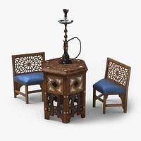 Traditional Hookah Table with Two Carved Chairs