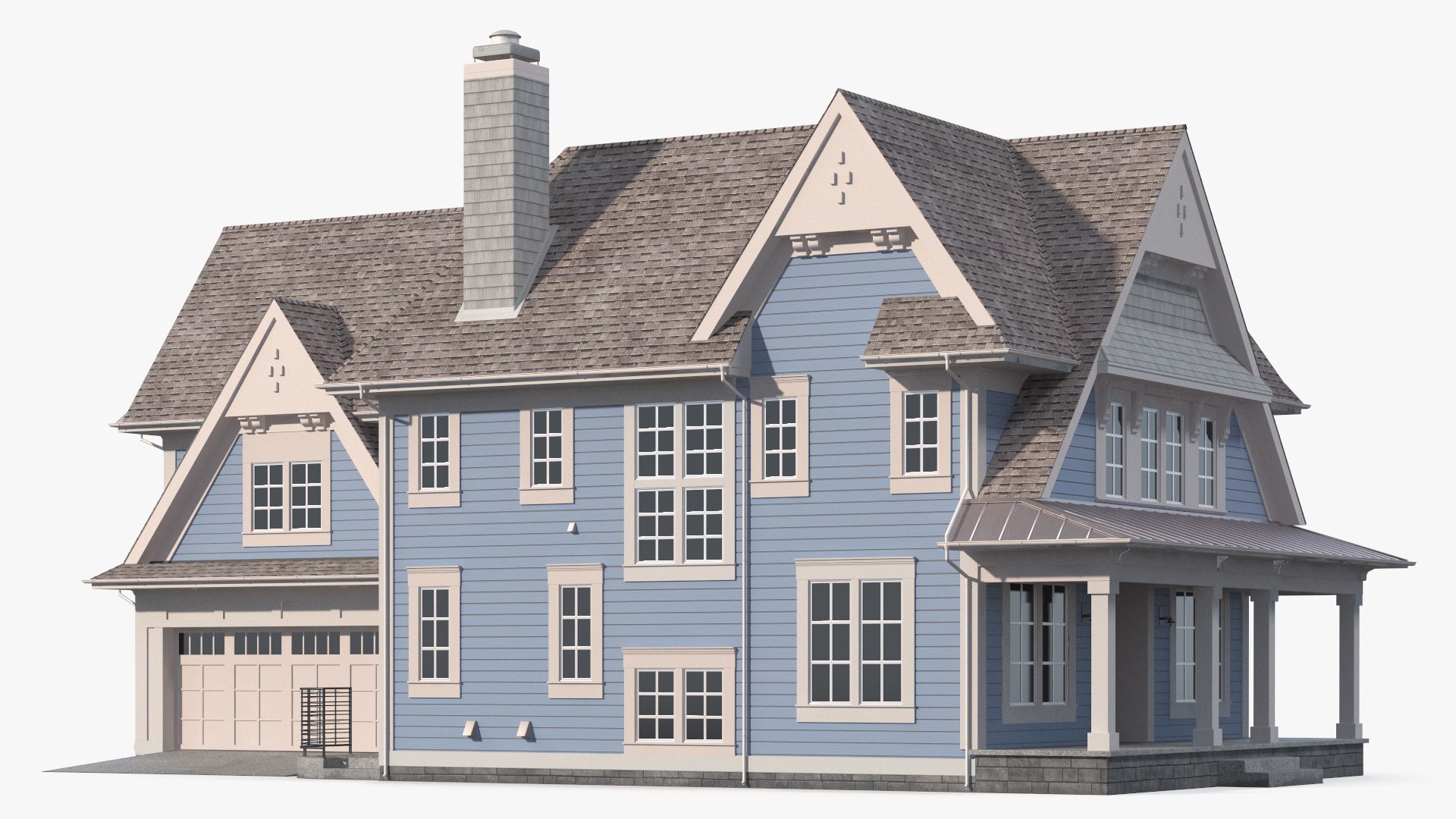 Blue American House Exterior with Garage 3D model preview