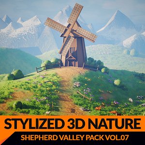 Stylized Low Poly Nature Pack Windmill Rocks Grass Mountains