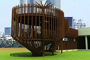 3D Elevated Wooden Walkway and Cocoon Pavilion Complete Scene
