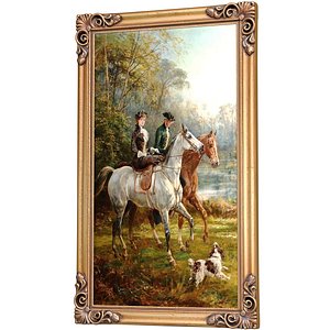 3D Classic Painting in a Carved Wooden Frame Classic Hunting Scene 3D model