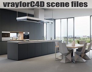 VRayforC4D Scene files - Modern Minimalist Kitchen Scene