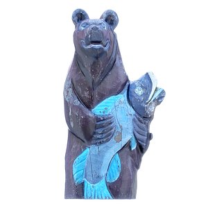 3D Wooden brown bear with fish