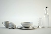 cup, glass, bowl plates and water bottle