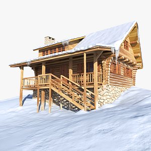 log house snow mountains