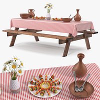 Rustic Picnic Table with Food and Pottery Served