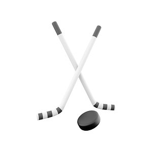 3D crossed hockey sticks and puck model