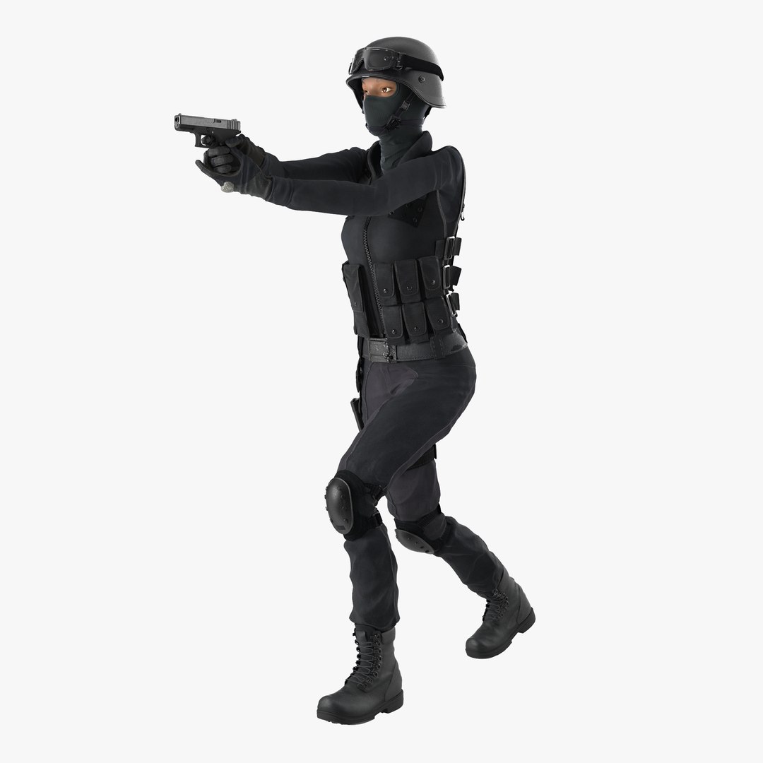 SWAT Woman Afro American Rigged 3D model preview