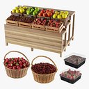 Puesto de mercado de frutas y cestas